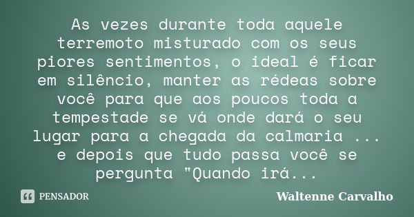 As vezes durante toda aquele terremoto misturado com os seus piores sentimentos, o ideal é ficar em silêncio, manter as rédeas sobre você para que aos poucos to... Frase de Waltenne Carvalho.