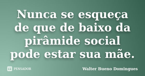 Nunca se esqueça de que de baixo da pirâmide social pode estar sua mãe.... Frase de Walter Bueno Domingues.