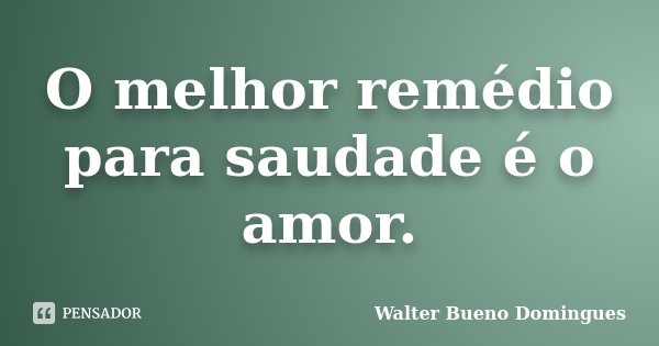 O melhor remédio para saudade é o amor.... Frase de Walter Bueno Domingues.