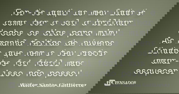 Ter-te aqui ao meu lado é como ter o sol a brilhar todos os dias para mim! As manhã feitas de núvens lindas que nem o teu rosto amar-te foi fácil mas esquecer i... Frase de Walter Santos Guttierrez.