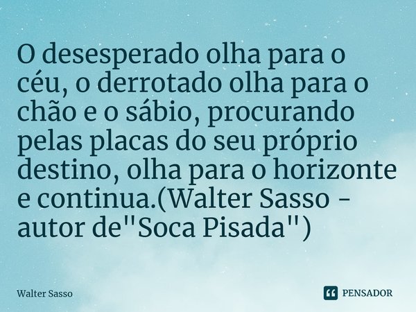 ⁠O desesperado olha para o céu, o derrotado olha para o chão e o sábio, procurando pelas placas do seu próprio destino, olha para o horizonte e continua.(Walter... Frase de Walter Sasso.