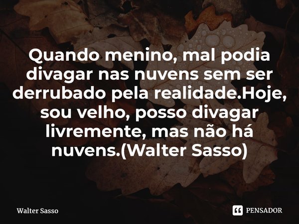 Quando menino, mal podia divagar nas nuvens sem ser derrubado pela realidade.Hoje, sou velho, posso divagar livremente, mas não há nuvens.(Walter Sasso)⁠... Frase de Walter Sasso.