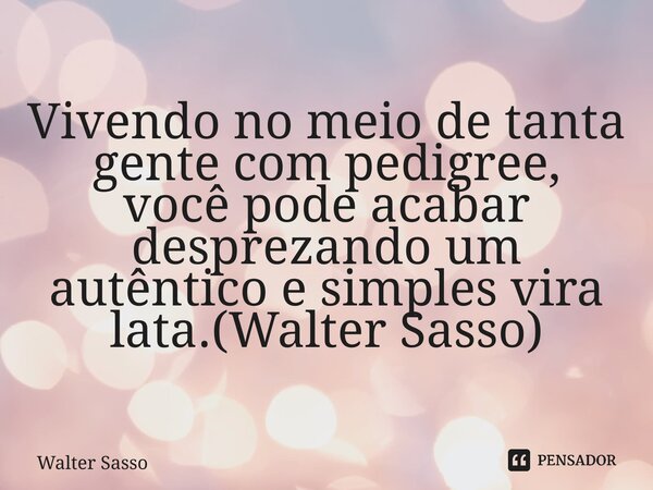 ⁠Vivendo no meio de tanta gente com pedigree, você pode acabar desprezando um autêntico e simples vira lata.(Walter Sasso)... Frase de Walter Sasso.