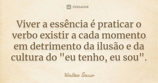 Viver a essência é praticar o verbo existir a cada momento em detrimento da ilusão e da cultura do "eu tenho, eu sou".... Frase de Walter Sasso.