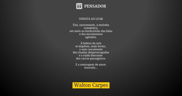 SONATA AO LUAR Flui, suavemente, a melodia romântica, em meio ao borborinho das falas e dos movimentos agitados. À beleza da arte se impõem, mais fortes, o som ... Frase de Walton Carpes.