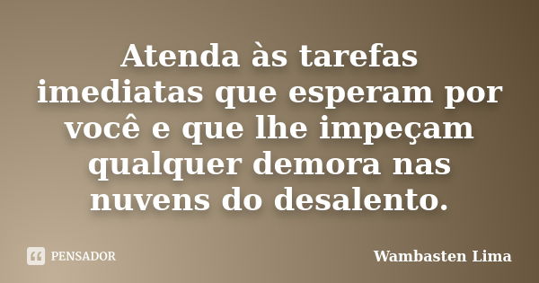 Atenda às tarefas imediatas que esperam por você e que lhe impeçam qualquer demora nas nuvens do desalento.... Frase de Wambasten Lima.