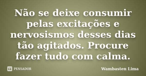 Não se deixe consumir pelas excitações e nervosismos desses dias tão agitados. Procure fazer tudo com calma.... Frase de Wambasten Lima.