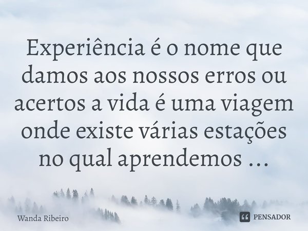 Experiência é o nome que damos aos nossos erros ou acertos a vida é uma viagem onde existe várias estações no qual aprendemos ...⁠... Frase de Wanda Ribeiro.