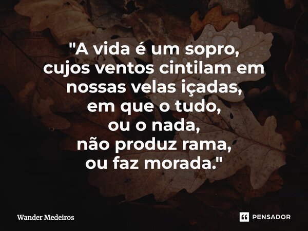 ⁠"A vida é um sopro, cujos ventos cintilam em nossas velas içadas, em que o tudo, ou o nada, não produz rama, ou faz morada."... Frase de Wander Medeiros.