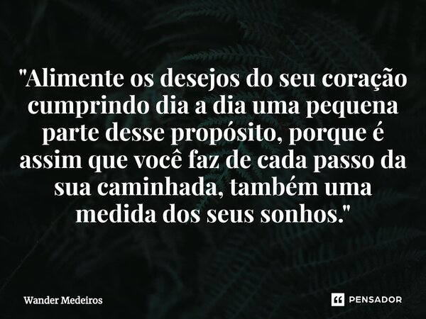 "⁠Alimente os desejos do seu coração cumprindo dia a dia uma pequena parte desse propósito, porque é assim que você faz de cada passo da sua caminhada, tam... Frase de Wander Medeiros.