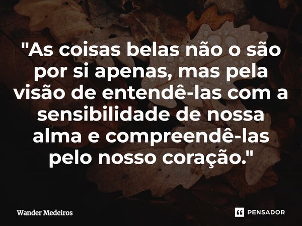 "⁠As coisas belas não o são por si apenas, mas pela visão de entendê-las com a sensibilidade de nossa alma e compreendê-las pelo nosso coração."... Frase de Wander Medeiros.