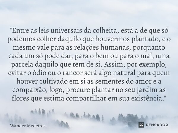 ⁠"Entre as leis universais da colheita, está a de que só podemos colher daquilo que houvermos plantado, e o mesmo vale para as relações humanas, porquanto ... Frase de Wander Medeiros.