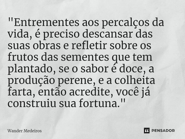 "⁠Entrementes aos percalços da vida, é preciso descansar das suas obras e refletir sobre os frutos das sementes que tem plantado, se o sabor é doce, a prod... Frase de Wander Medeiros.