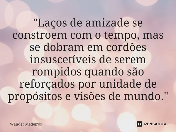 ⁠"Laços de amizade se constroem com o tempo, mas se dobram em cordões insuscetíveis de serem rompidos quando são reforçados por unidade de propósitos e vis... Frase de Wander Medeiros.
