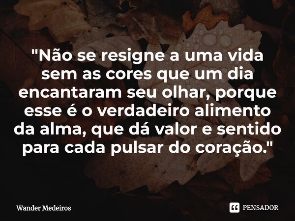⁠"Não se resigne a uma vida sem as cores que um dia encantaram seu olhar, porque esse é o verdadeiro alimento da alma, que dá valor e sentido para cada pul... Frase de Wander Medeiros.