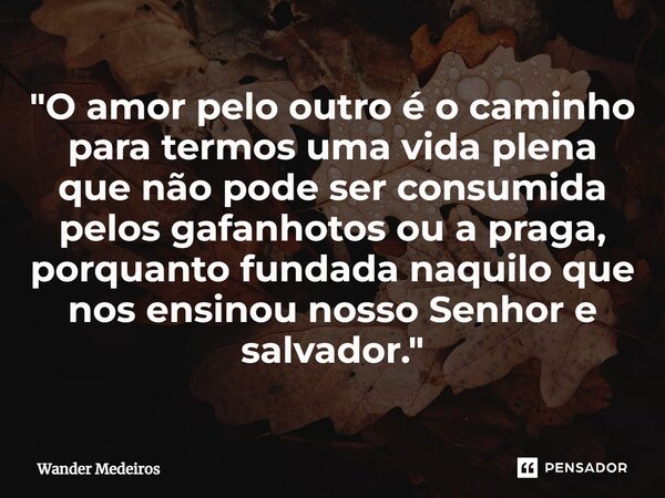 ⁠"O amor pelo outro é o caminho para termos uma vida plena que não pode ser consumida pelos gafanhotos ou a praga, porquanto fundada naquilo que nos ensino... Frase de Wander Medeiros.