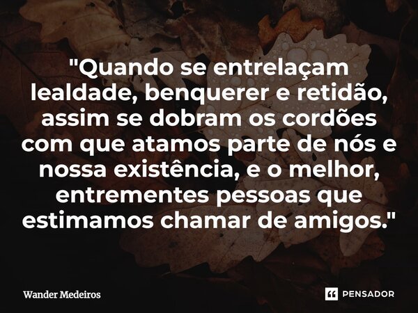 "⁠Quando se entrelaçam lealdade, benquerer e retidão, assim se dobram os cordões com que atamos parte de nós e nossa existência, e o melhor, entrementes pe... Frase de Wander Medeiros.