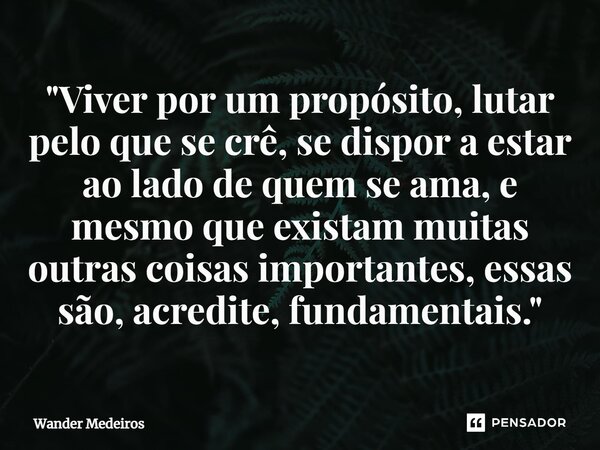 "⁠Viver por um propósito, lutar pelo que se crê, se dispor a estar ao lado de quem se ama, e mesmo que existam muitas outras coisas importantes, essas são,... Frase de Wander Medeiros.