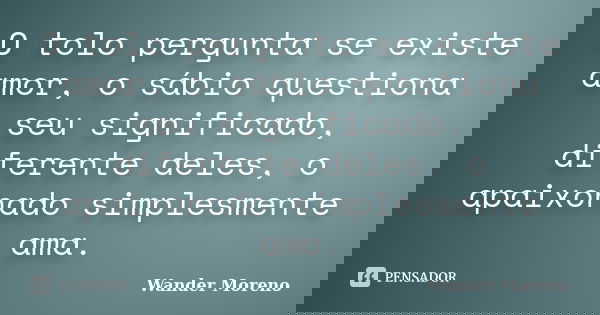 O tolo pergunta se existe amor, o sábio questiona seu significado, diferente deles, o apaixonado simplesmente ama.... Frase de Wander Moreno.