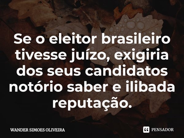 ⁠Se o eleitor brasileiro tivesse juízo, exigiria dos seus candidatos notório saber e ilibada reputação.... Frase de Wander Simões Oliveira.