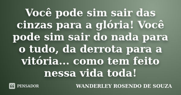 Você pode sim sair das cinzas para a glória! Você pode sim sair do nada para o tudo, da derrota para a vitória... como tem feito nessa vida toda!... Frase de WANDERLEY ROSENDO DE SOUZA.