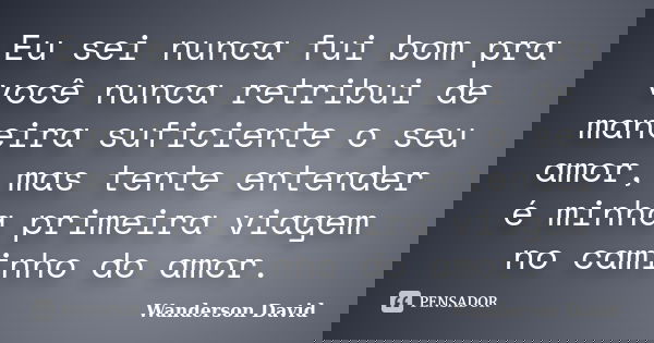 Eu sei nunca fui bom pra você nunca retribui de maneira suficiente o seu amor, mas tente entender é minha primeira viagem no caminho do amor.... Frase de Wanderson David.
