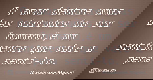 O amor dentre umas das virtudes do ser humano,é um sentimento que vale a pena senti-lo.... Frase de Wanderson Miguel.