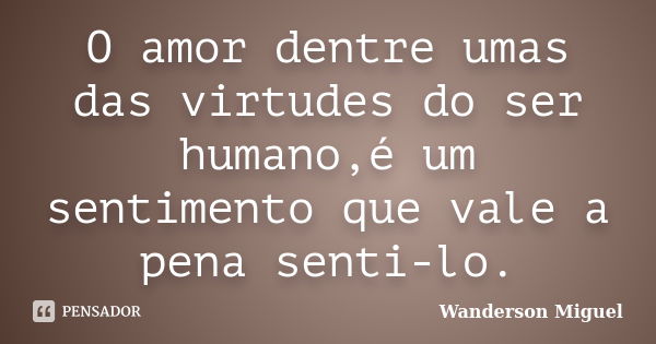 O amor dentre umas das virtudes do ser humano,é um sentimento que vale a pena senti-lo.... Frase de Wanderson Miguel.