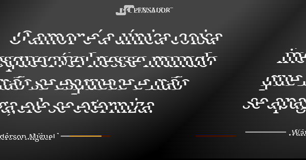 O amor é a única coisa inesquecível nesse mundo que não se esquece e não se apaga,ele se eterniza.... Frase de Wanderson Miguel.