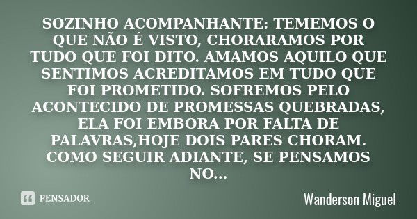 SOZINHO ACOMPANHANTE: TEMEMOS O QUE NÃO É VISTO, CHORARAMOS POR TUDO QUE FOI DITO. AMAMOS AQUILO QUE SENTIMOS ACREDITAMOS EM TUDO QUE FOI PROMETIDO. SOFREMOS PE... Frase de Wanderson Miguel.