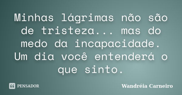 Minhas lágrimas não são de tristeza... mas do medo da incapacidade. Um dia você entenderá o que sinto.... Frase de Wandreia Carneiro.