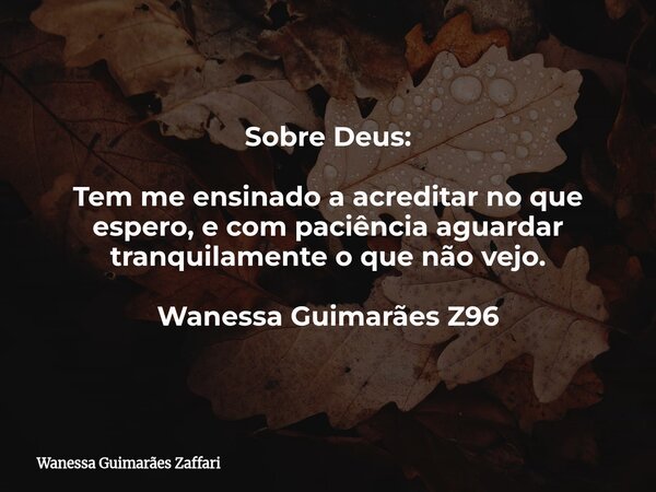 Sobre Deus: Tem me ensinado a acreditar no que espero, e com paciência aguardar tranquilamente o que não vejo. Wanessa Guimarães Z96... Frase de Wanessa Guimarães Zaffari.