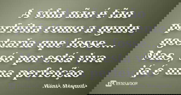 A vida não é tão perfeita como a gente gostaria que fosse... Mas, só por está viva já é uma perfeição... Frase de Wania Mesquita.