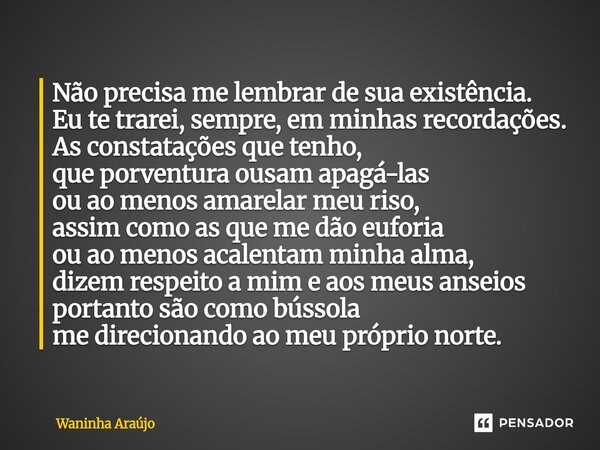 Não precisa me lembrar de sua existência. Eu te trarei, sempre, em minhas recordações. As constatações que tenho, que porventura ousam apagá-las ou ao menos am... Frase de Waninha Araújo.