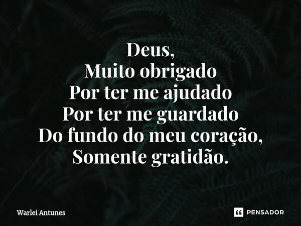 ⁠Deus, Muito obrigado Por ter me ajudado Por ter me guardado Do fundo do meu coração, Somente gratidão.... Frase de Warlei Antunes.