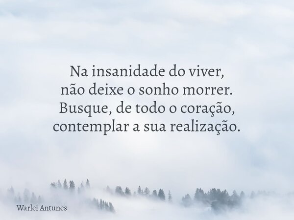Na insanidade do viver, não deixe o sonho morrer. Busque, de todo o coração, contemplar a sua realização.... Frase de Warlei Antunes.