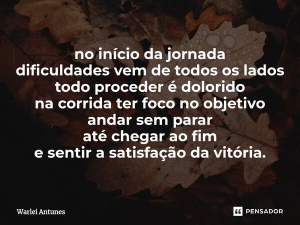 ⁠no início da jornada dificuldades vem de todos os lados todo proceder é dolorido na corrida ter foco no objetivo andar sem parar até chegar ao fim e sentir a s... Frase de Warlei Antunes.