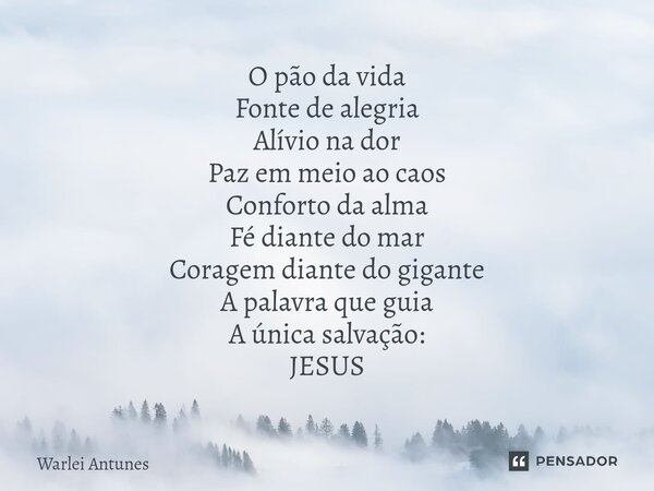 ⁠O pão da vida Fonte de alegria Alívio na dor Paz em meio ao caos Conforto da alma Fé diante do mar Coragem diante do gigante A palavra que guia A única salvaçã... Frase de Warlei Antunes.
