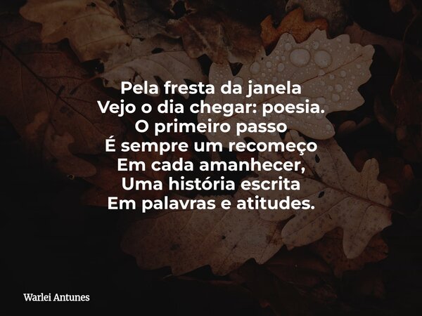 Pela fresta da janela Vejo o dia chegar: poesia. O primeiro passo É sempre um recomeço Em cada amanhecer, Uma história escrita Em palavras e atitudes.... Frase de Warlei Antunes.