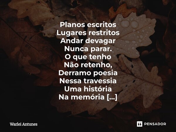 Planos escritos Lugares restritos Andar devagar Nunca parar. O que tenho Não retenho, Derramo poesia Nessa travessia Uma história Na memória Na vida o sonho O ... Frase de Warlei Antunes.