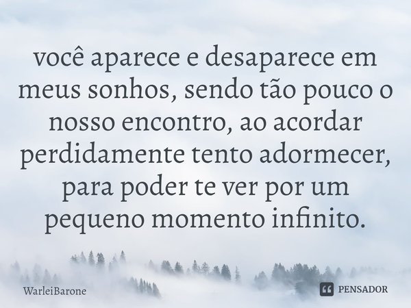 ⁠você aparece e desaparece em meus sonhos, sendo tão pouco o nosso encontro, ao acordar perdidamente tento adormecer, para poder te ver por um pequeno momento i... Frase de WarleiBarone.