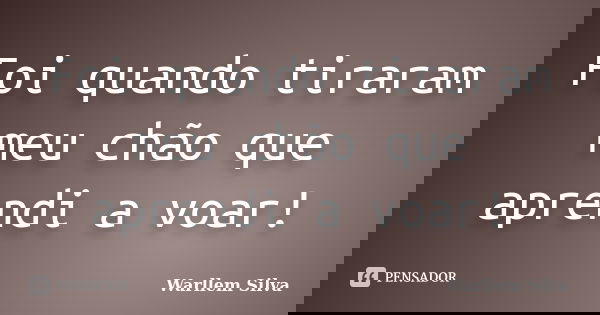 Foi quando tiraram meu chão que aprendi a voar!... Frase de Warllem Silva.