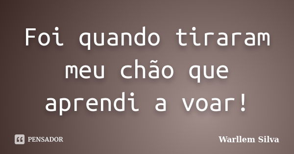 Foi quando tiraram meu chão que aprendi a voar!... Frase de Warllem Silva.