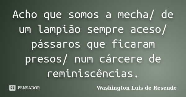 Acho que somos a mecha/ de um lampião sempre aceso/ pássaros que ficaram presos/ num cárcere de reminiscências.... Frase de Washington Luis de Resende.