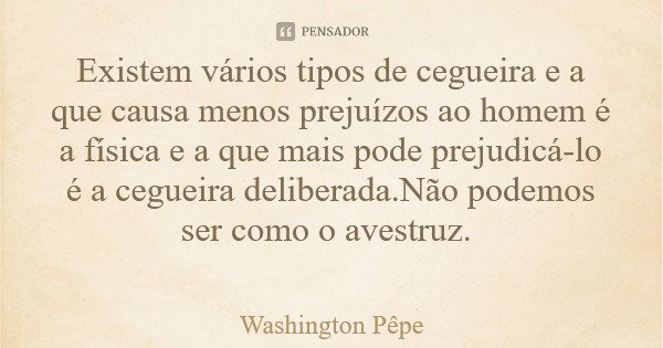 Existem vários tipos de cegueira e a que causa menos prejuízos ao homem é a física e a que mais pode prejudicá-lo é a cegueira deliberada.Não podemos ser como o... Frase de Washington Pêpe.