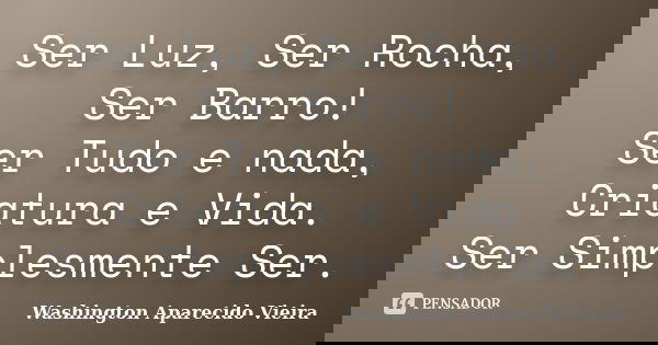 Ser Luz, Ser Rocha, Ser Barro! Ser Tudo e nada, Criatura e Vida. Ser Simplesmente Ser.... Frase de Washington Aparecido Vieira.