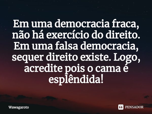 Em uma democracia fraca, não há exercício do direito. Em uma falsa democracia, sequer direito existe. Logo, acredite pois o ⁠cama é esplêndida!... Frase de Wawagaroto.