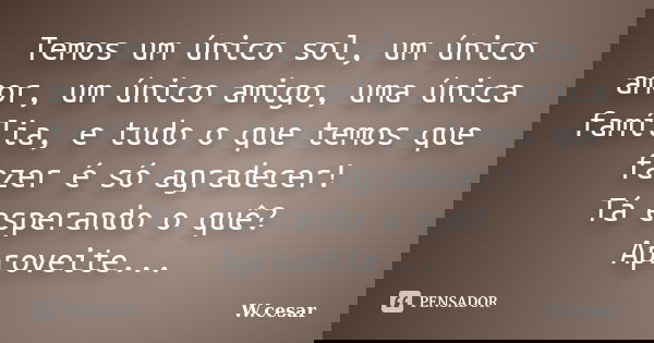 Temos um único sol, um único amor, um único amigo, uma única família, e tudo o que temos que fazer é só agradecer! Tá esperando o quê? Aproveite...... Frase de W.cesar.