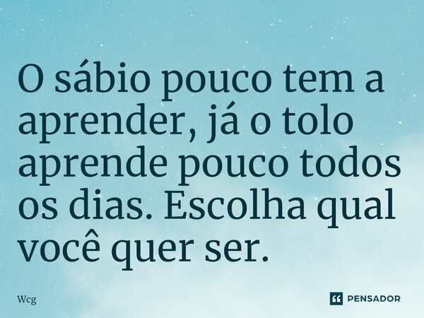 ⁠O sábio pouco tem a aprender, já o tolo aprende pouco todos os dias. Escolha qual você quer ser.... Frase de Wcg.