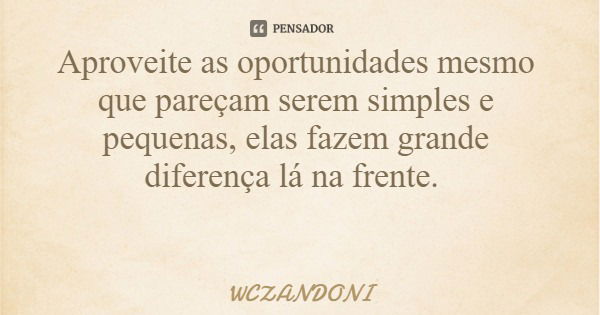 Aproveite as oportunidades mesmo que pareçam serem simples e pequenas, elas fazem grande diferença lá na frente.... Frase de WCZANDONI.